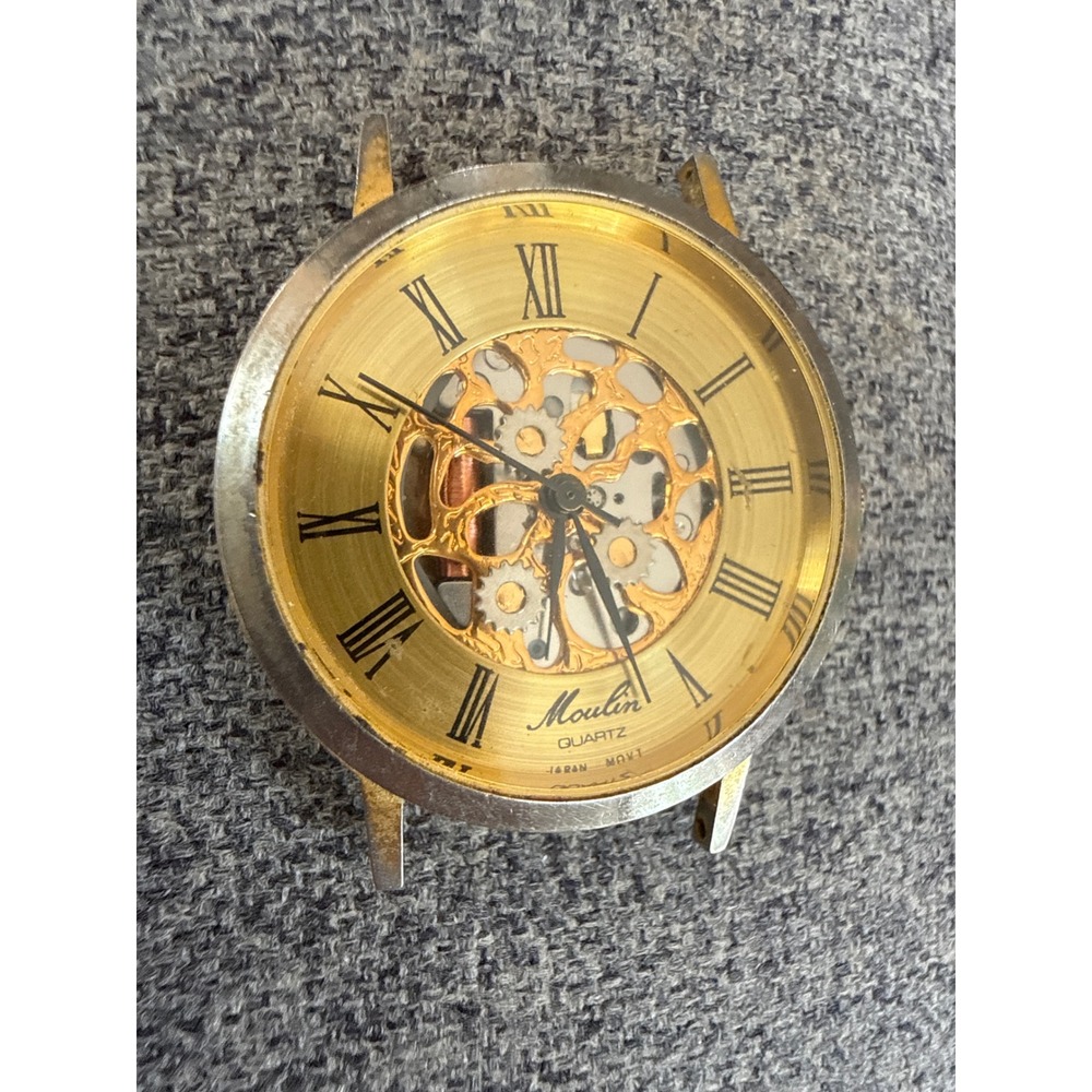 Moulin Quartz Skeleton Dial Watch Head‎ Gold Tone Roman Numerals Japan Movt